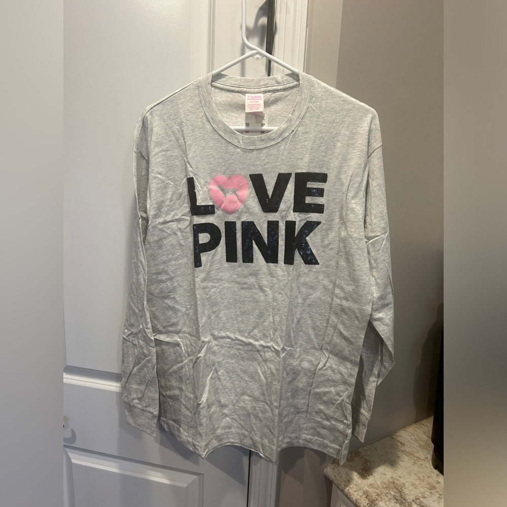 VS PINK BLING SHINE CAMPUS TEE LONG SLEEVE SHIRT PINK ORIGINALS NWT